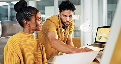 Buy stock photo Creative, graphs and business people in office, computer and teamwork for sales agency. Employees, man and woman in workplace, documents and charts for social media subscription, talk and cooperation