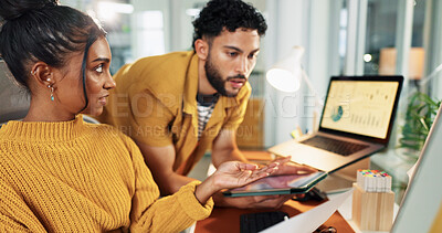 Buy stock photo Laptop, stock market and business people with help, financial success and screen with profit growth. Coaching, man and woman with pc, professional broker and investors with discussion and IPO charts