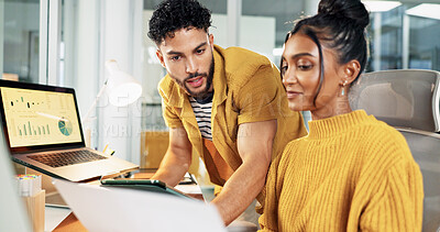 Buy stock photo Computer, stock market and business people with tablet, investment and screen with profit growth. Employees, man and woman with help, professional broker and tech with discussion and financial advice