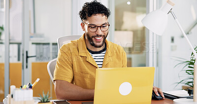 Buy stock photo Office, businessman and smile with laptop for creative agency, article information and publication. Career, male person and content writer with digital for copywriting, blog post and happy for news 