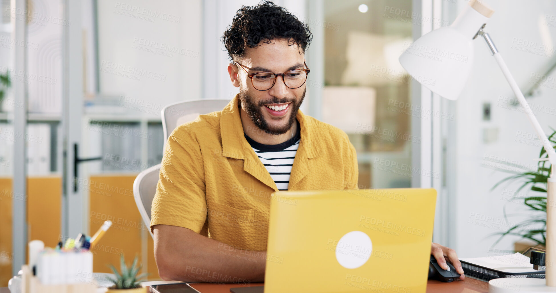 Buy stock photo Office, businessman and smile with laptop for creative agency, article information and publication. Career, male person and content writer with digital for copywriting, blog post and happy for news 