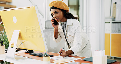 Buy stock photo Woman, phone call and computer with notes in office for discussion, confirm schedule and reporter chat. Journalist, conversation and writing with story feedback, client contact and publication agenda