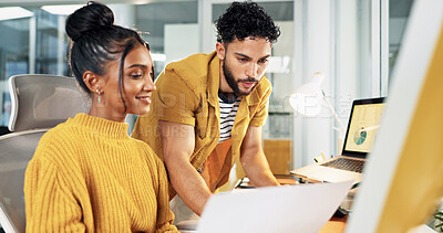 Buy stock photo Creative, advice or people with paperwork in office for website code feedback, design layout review or teamwork. Collaboration, programmer and designer with discussion of site development or planning
