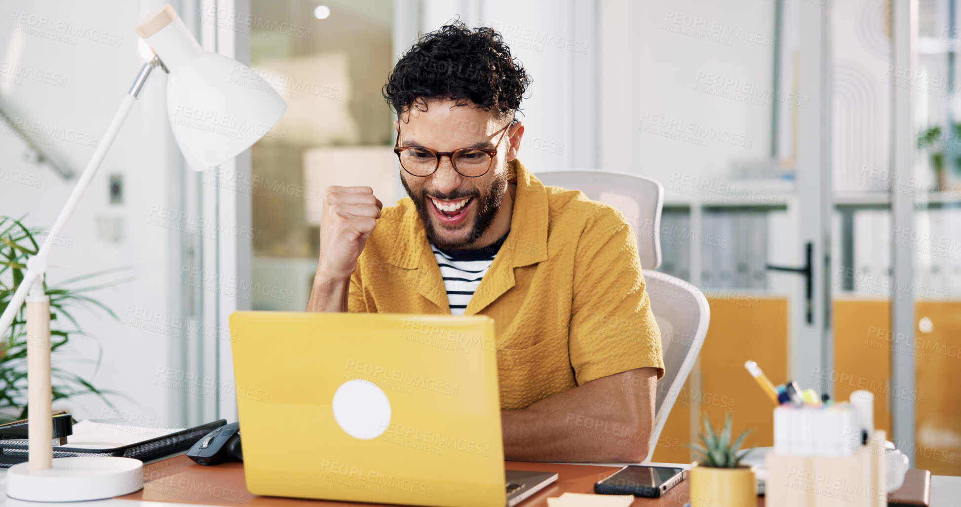 Buy stock photo Man, promotion and winning with laptop, fist pump and good news for prize or online offer at office. Excited person, employee and smile on computer for special deal, celebration or promo at workplace