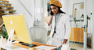 Buy stock photo Woman, phone call and reading document in office for discussion, confirm schedule and reporter chat. Journalist, conversation and information for story feedback, client contact and publication agenda