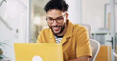 Buy stock photo Office, businessman and reading with laptop for creative agency, article information and publication. Career, male person and content writer with digital for copywriting, blog post and smile for news