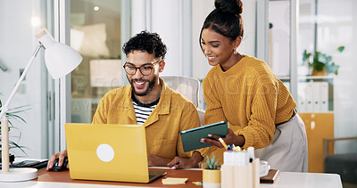 Buy stock photo Office, tablet and business people with laptop for collaboration, software update and discussion for ux. Teamwork, web designer and creative manager with technology for seo tools, research or talking