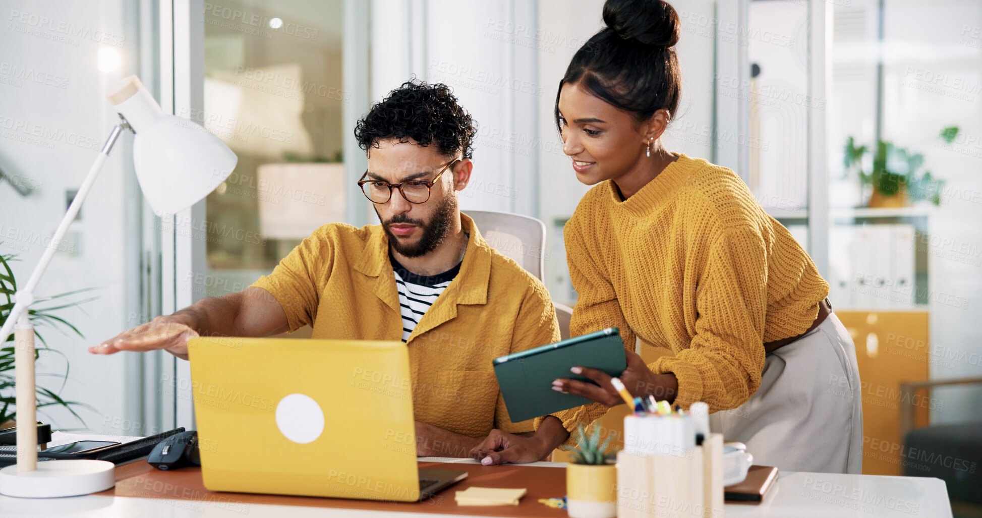 Buy stock photo Office, tablet and business people with laptop for teamwork, software update and discussion for ux. Collaboration, web designer and creative manager with technology for seo tools, research or talking