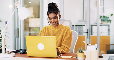 Buy stock photo Office, businesswoman and reading with laptop for creative agency, article information and publication. Career, female person and content writer with tech for copywriting, blog post or smile for news