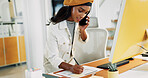 Woman, phone call and writing notes in office for discussion, confirm schedule and reporter chat. Journalist, conversation and computer for story feedback, agenda reminder and publication information