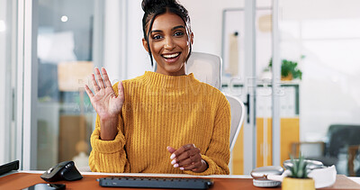 Buy stock photo Woman, portrait or video call with wave for presentation, webinar or virtual meeting POV. Happy, person or creative employee with smile for online communication or discussion at workplace office