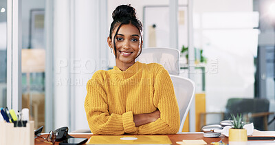 Buy stock photo Creative office, happy and portrait of business woman with smile for copywriting, editing and publishing career. Professional, crossed arms and person at desk with confidence, pride and editor job