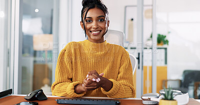 Buy stock photo Woman, portrait and video call with smile for presentation, webinar or virtual meeting. Happy, female person or creative employee with POV for online communication or discussion at workplace office