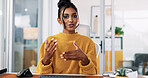 Woman, portrait and video call with talk for presentation, webinar or virtual meeting. Happy, female person or creative employee with smile for online communication or discussion at workplace office