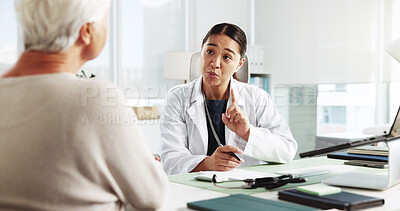 Buy stock photo Senior woman, doctor and consultation for prescription instruction, referral letter and healthcare report. Medical professional, appointment and talking to patient for help or checkup in hospital