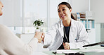 Doctor, senior woman and smile with handshake at clinic for introduction, thanks or healthcare service. People, elderly patient and shaking hands for hello, happy or welcome to consulting at hospital