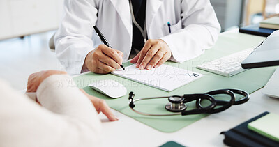 Buy stock photo Patient, hands and doctor writing prescription in consultation for medical diagnosis, healthcare service or sick note. Closeup, person or health worker with script in clinic for treatment information