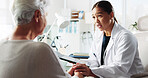 Senior patient, doctor and holding hands for support, healthcare or cancer diagnosis on tablet. Medical professional, conversation or comfort elderly woman for bad news, kindness or empathy in clinic