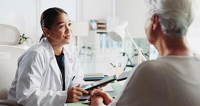 Buy stock photo Tablet, doctor and talking to senior patient for healthcare report, test results and help. Medical professional, technology and consultation with elderly woman for checkup or insurance in hospital