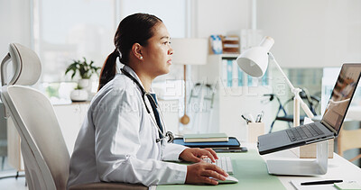 Buy stock photo Healthcare, doctor and woman with laptop, research and medical information on database and hospital. Online, reading and person with tech for patient records, digital and treatment options on website