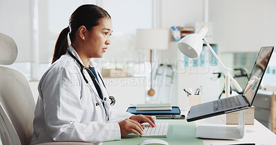 Buy stock photo Healthcare, doctor and woman with laptop, reading and medical information on database and hospital. Online, research and person with tech for patient records, digital and treatment options on website