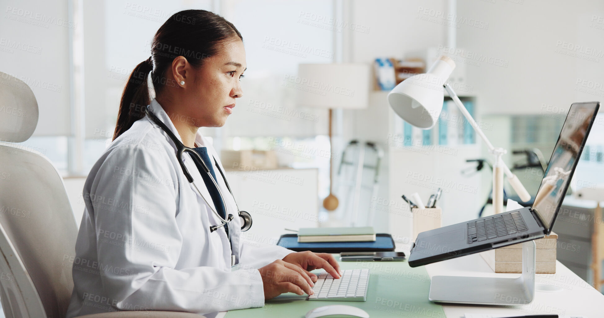 Buy stock photo Healthcare, doctor and woman with laptop, reading and medical information on database and hospital. Online, research and person with tech for patient records, digital and treatment options on website