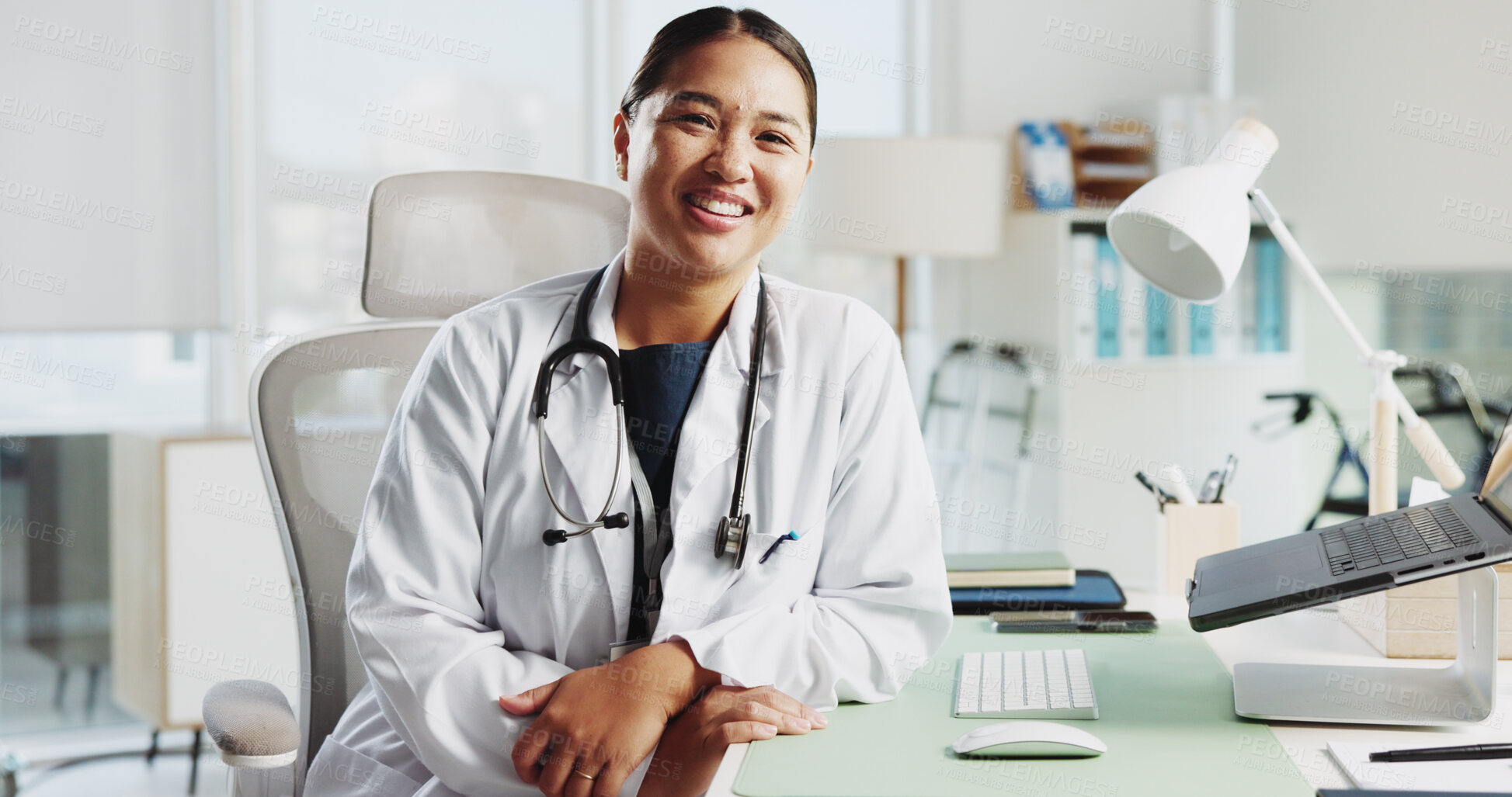 Buy stock photo Portrait, happy woman and doctor in office, smile and laptop with confidence, career ambition and pride. Face, person or medical with professional in clinic, healthcare or stethoscope with specialist