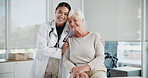 Senior woman, doctor and hug in portrait at clinic with support, kindness and medical services. People, elderly patient and embrace with healthcare, happy and together for consulting at hospital