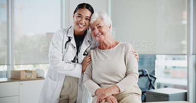 Buy stock photo Senior woman, doctor and hug in portrait at clinic with support, kindness and medical services. People, elderly patient and embrace with healthcare, happy and together for consulting at hospital