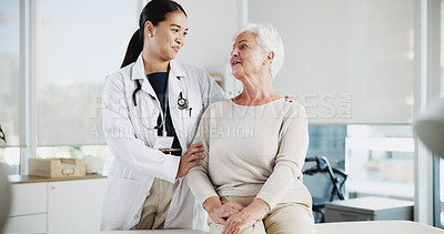 Buy stock photo Smile, doctor and consulting with old woman in office for patient trust, insurance and feedback. Healthcare results, support and medical help with people in clinic for advice and elderly care