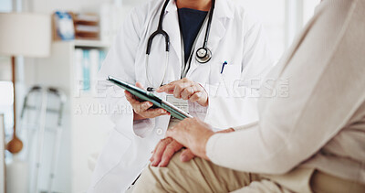 Buy stock photo Tablet, doctor and hands of old woman in office for consulting, discussion or cancer diagnosis. Healthcare results, digital report and medical with closeup of people in clinic for feedback on tumor