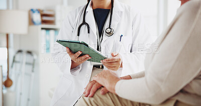 Buy stock photo Tablet, advice and hands of old woman and doctor for consulting, discussion or cancer diagnosis. Healthcare results, digital report and medical with closeup of people in clinic for feedback on tumor