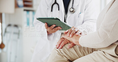 Buy stock photo Tablet, doctor and holding hands of old woman in office for consulting, empathy or cancer diagnosis. Healthcare results, support and medical help with closeup of people for sympathy on tumor growth