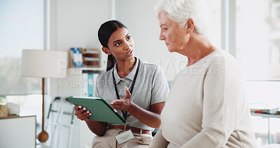 Buy stock photo Physiotherapy, tablet and mature patient consulting with medical results, recovery and mobility. Physical therapy, wellness and woman on digital tech for diagnosis, online report and rehabilitation