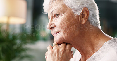 Buy stock photo Senior woman, serious and thinking in home for nostalgia, remember memory or past decision with vision. Thoughts, elderly person and daydreaming in living room with wonder, reflection and profile