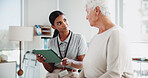 Physiotherapy, tablet and woman with senior patient with medical results, consulting and mobility. Physical therapy, chiropractor and person on digital tech for diagnosis, treatment or rehabilitation
