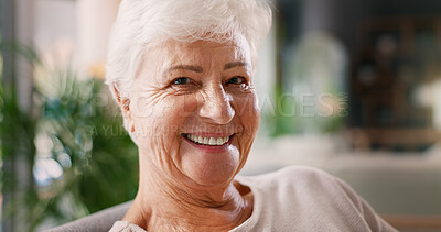 Buy stock photo Portrait, smile and elderly woman in home for retirement, peace and relax on weekend break. Happy, senior person and confidence in living room with comfort, wellness or pensioner resting in Australia