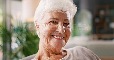 Buy stock photo Portrait, smile and senior woman in home for retirement, peace and relax on weekend break. Happy, elderly person and confidence in living room with comfort, wellness or pensioner resting in Australia