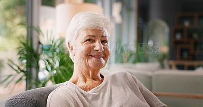 Buy stock photo Senior, woman and smile in portrait on sofa with peaceful retirement, security or mortgage freedom. Elderly person, relax and happy in living room for comfortable break, insurance or wellness in home