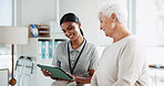 Physiotherapy, tablet and person with senior woman for medical results, consulting and diagnosis. Physical therapy, chiropractor and person on digital tech for mobility, treatment and rehabilitation