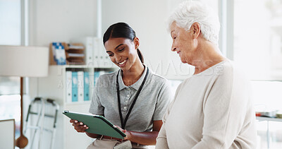 Buy stock photo Physiotherapy, tablet and person with senior woman for medical results, consulting and diagnosis. Physical therapy, wellness and patient on digital tech for mobility, treatment and rehabilitation