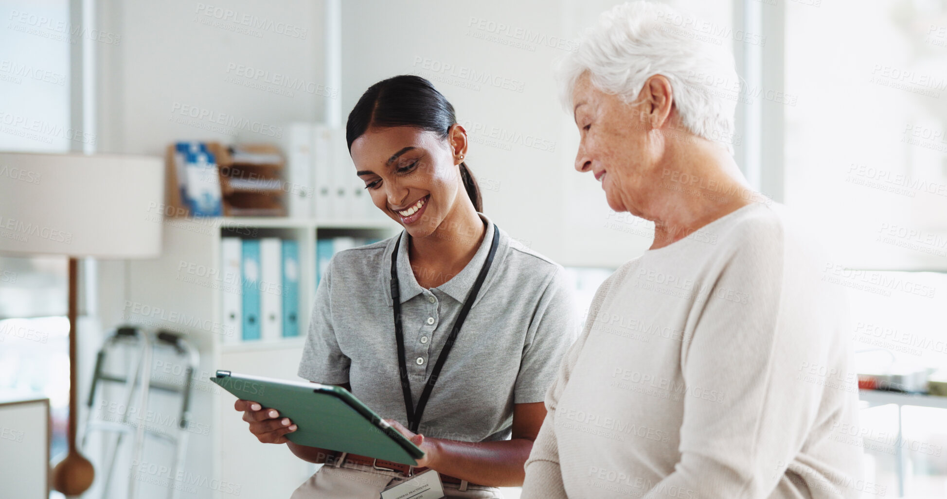 Buy stock photo Physiotherapy, tablet and person with senior woman for medical results, consulting and diagnosis. Physical therapy, wellness and patient on digital tech for mobility, treatment and rehabilitation