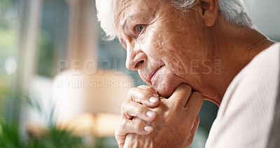 Buy stock photo Senior woman, unhappy and thinking in home for loneliness, remember memory or past trauma. Thoughts, sad and elderly person with regret in lounge with depression, dementia and alzheimers in profile