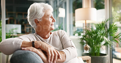 Buy stock photo Elderly woman, smile and thinking in home for nostalgia, remember memory or past decision with vision. Thoughts, senior person and daydreaming on sofa with optimism, reflection or retirement plan