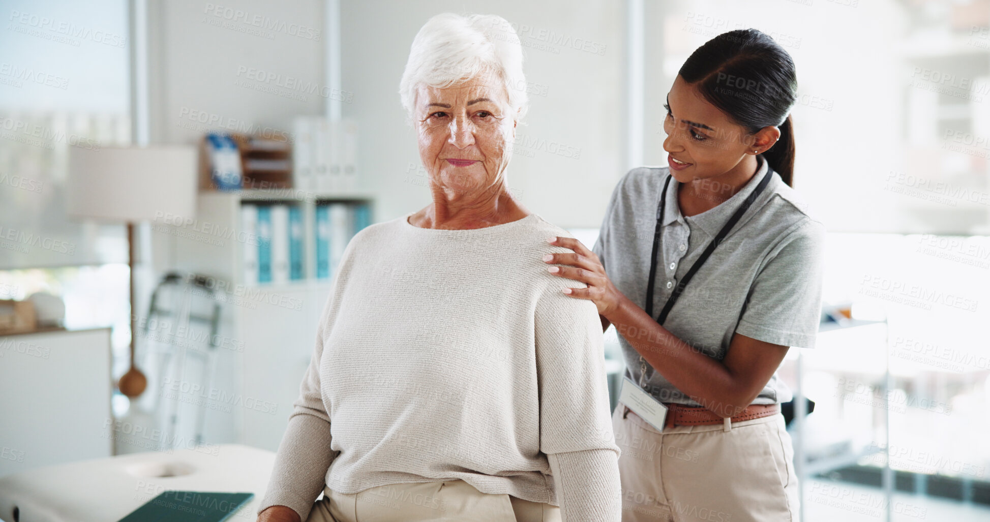 Buy stock photo Physiotherapy, consulting and woman with mature patient for medical service, support and wellness. Healthcare, chiropractor and physical therapist with person for mobility, rehabilitation and help