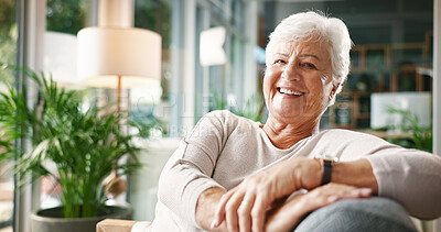 Buy stock photo Senior, woman and happy in portrait on sofa with peaceful retirement, security or mortgage freedom. Elderly person, relax and smile in living room for comfortable break, insurance or wellness in home