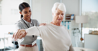Buy stock photo Physiotherapy, shoulder pain and woman with mature patient for medical service, support or wellness. Healthcare, chiropractor and physical therapist with person for consulting, rehabilitation or help