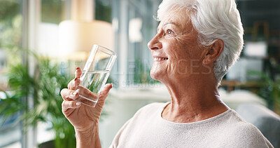 Buy stock photo Home, drinking water and senior woman with smile, wellness or hydration with morning routine. Nutrition, pensioner or elderly person in lounge, thirsty or liquid with health in retirement or relaxing