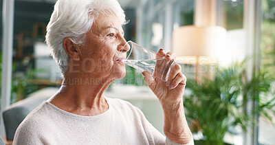 Buy stock photo Home, drinking water and old woman in lounge, wellness and hydration with morning routine. Nutrition, pensioner and elderly person with liquid, thirsty and aqua with health in retirement and detox