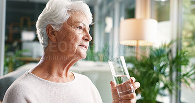 Buy stock photo Home, drinking water or old woman with wellness, thinking or hydration with health in retirement. Nutrition, pensioner or senior person with memory, liquid or aqua with nostalgia, solution or thirsty